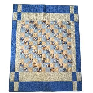 Vintage handmade Four Patch Cat Design - LAP QUILT – Beige Blue